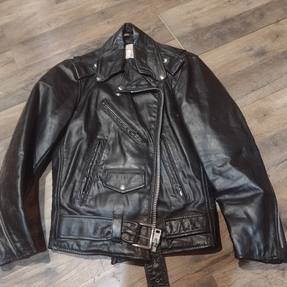 Ladies black leather biker jacket, size 6